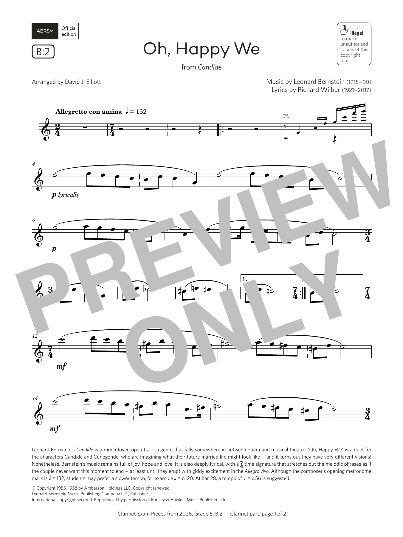 Learn to play Leonard Bernstein Oh, Happy We (Grade 5, list B2, from the ABRSM Clarinet Syllabus from 2026) sheet music for Clarinet Solo in minutes. Price: 5.9900$ Leonard Bernstein Oh, Happy We (Grade 5, list B2, from the ABRSM Clarinet Syllabus from 2026) sheet music notes and chords arranged for Clarinet Solo