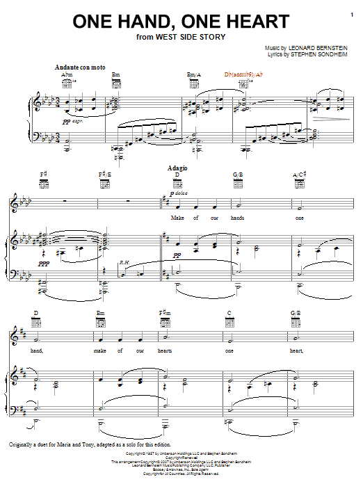 Leonard Bernstein One Hand, One Heart (from West Side Story) sheet music notes and chords. Download Printable PDF.