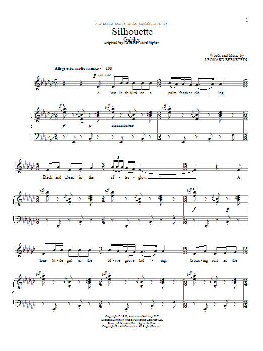 Learn to play Leonard Bernstein Silhouette (Galilee) sheet music for Piano & Vocal in minutes. Price: 7.8900$ Leonard Bernstein Silhouette (Galilee) sheet music notes and chords arranged for Piano & Vocal