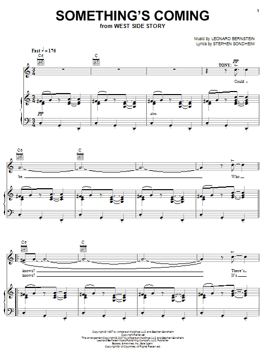 Learn to play Leonard Bernstein Something's Coming (from West Side Story) sheet music for Piano, Vocal & Guitar Chords (Right-Hand Melody) in minutes. Price: 7.8900$ Leonard Bernstein Something's Coming (from West Side Story) sheet music notes and chords arranged for Piano, Vocal & Guitar Chords (Right-Hand Melody)