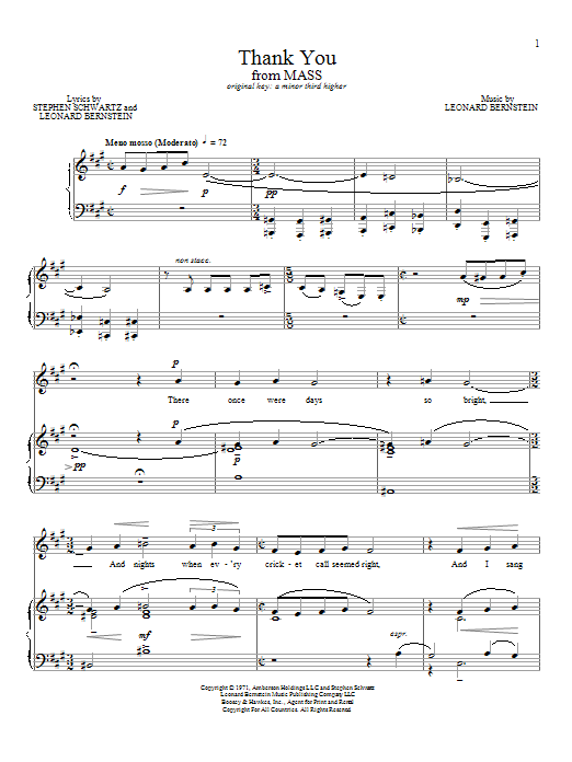 Learn to play Leonard Bernstein Thank You sheet music for Piano & Vocal in minutes. Price: 7.8900$ Leonard Bernstein Thank You sheet music notes and chords arranged for Piano & Vocal