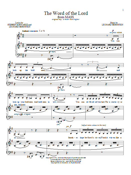 Learn to play Leonard Bernstein The Word Of the Lord sheet music for Piano & Vocal in minutes. Price: 7.8900$ Leonard Bernstein The Word Of the Lord sheet music notes and chords arranged for Piano & Vocal