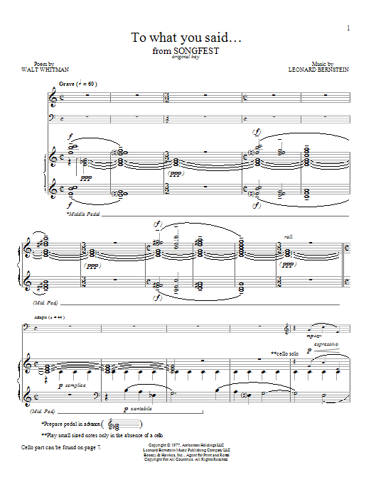 Learn to play Leonard Bernstein To What You Said sheet music for Piano & Vocal in minutes. Price: 7.8900$ Leonard Bernstein To What You Said sheet music notes and chords arranged for Piano & Vocal