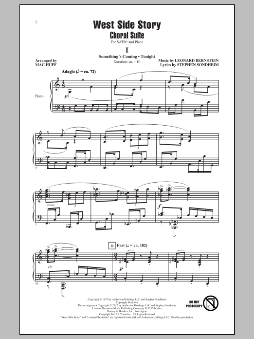 Learn to play Leonard Bernstein West Side Story (Choral Suite) (arr. Mac Huff) sheet music for SATB Choir in minutes. Price: 6.4900$ Leonard Bernstein West Side Story (Choral Suite) (arr. Mac Huff) sheet music notes and chords arranged for SATB Choir