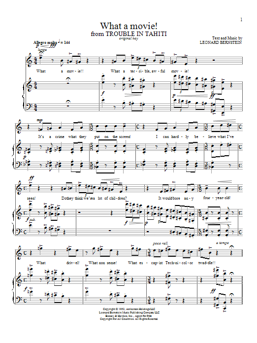 Learn to play Leonard Bernstein What A Movie! sheet music for Piano & Vocal in minutes. Price: 7.8900$ Leonard Bernstein What A Movie! sheet music notes and chords arranged for Piano & Vocal