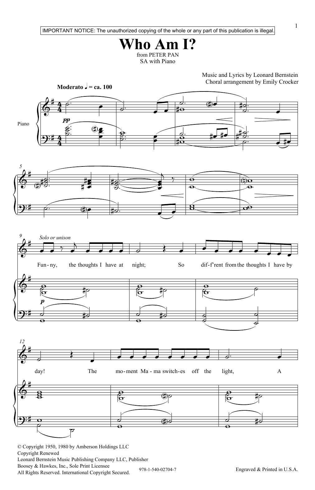 Leonard Bernstein Who Am I? (from Peter Pan Suite) (arr. Emily Crocker) sheet music notes and chords. Download Printable PDF.