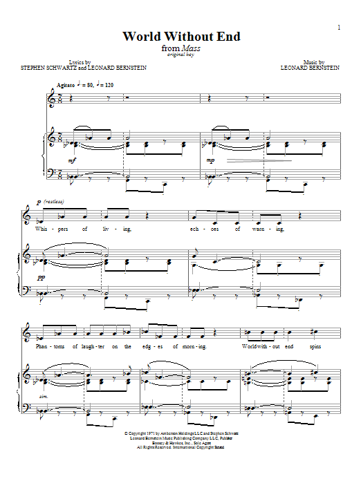 Learn to play Leonard Bernstein World Without End sheet music for Piano & Vocal in minutes. Price: 7.8900$ Leonard Bernstein World Without End sheet music notes and chords arranged for Piano & Vocal
