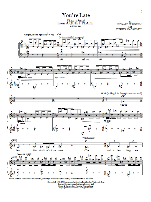 Learn to play Leonard Bernstein You're Late (Sam's Aria) sheet music for Piano & Vocal in minutes. Price: 7.8900$ Leonard Bernstein You're Late (Sam's Aria) sheet music notes and chords arranged for Piano & Vocal
