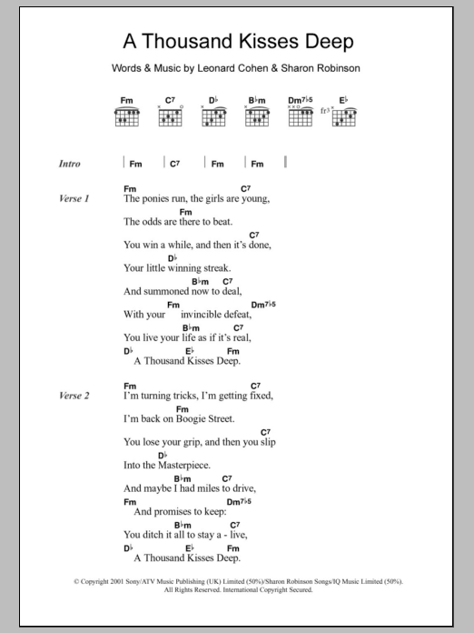 Leonard Cohen A Thousand Kisses Deep sheet music notes and chords. Download Printable PDF.