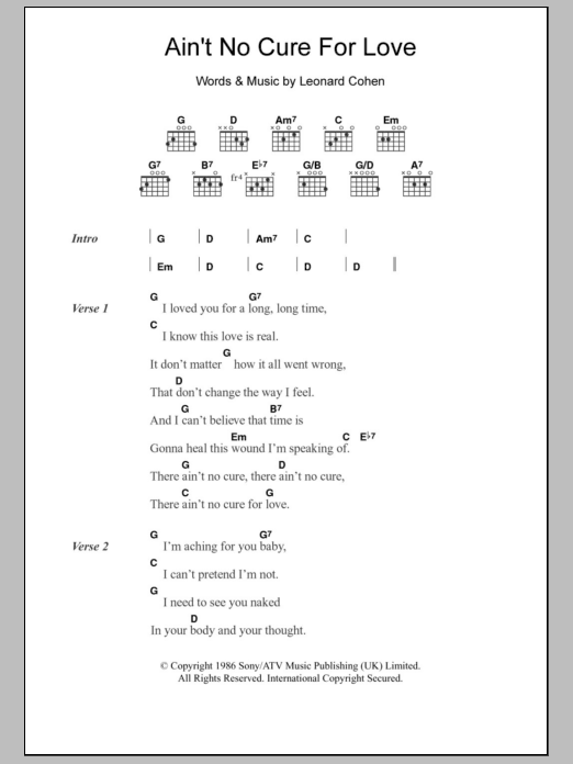 Leonard Cohen Ain't No Cure For Love sheet music notes and chords. Download Printable PDF.