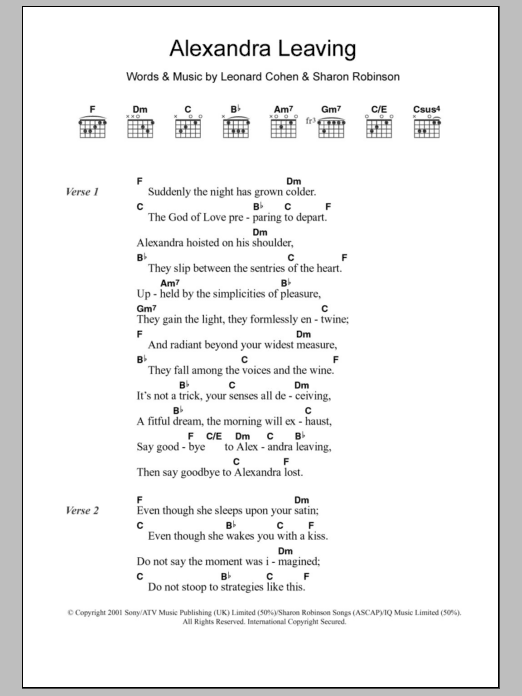 Leonard Cohen Alexandra Leaving sheet music notes and chords. Download Printable PDF.