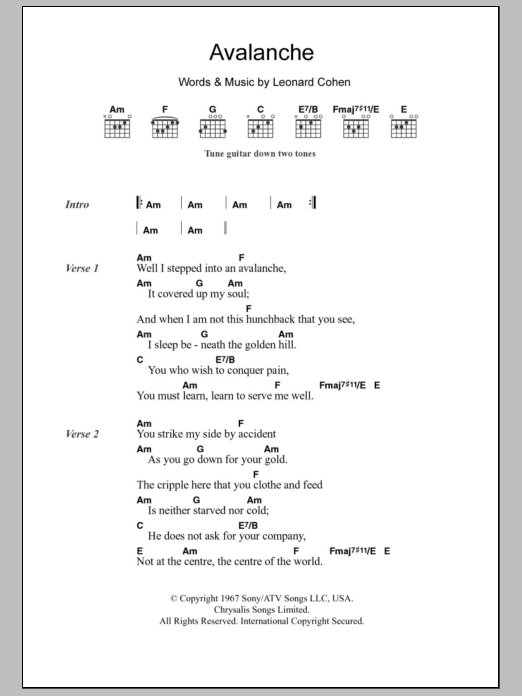 Leonard Cohen Avalanche sheet music notes and chords. Download Printable PDF.