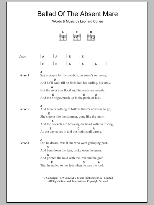 Leonard Cohen Ballad Of The Absent Mare sheet music notes and chords. Download Printable PDF.