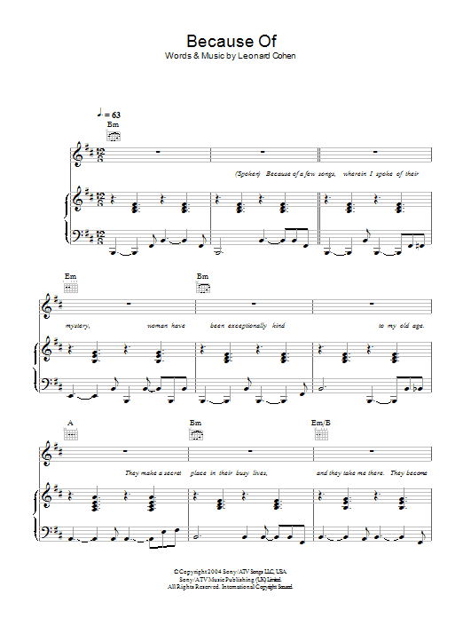 Leonard Cohen Because Of sheet music notes and chords arranged for Piano, Vocal & Guitar Chords