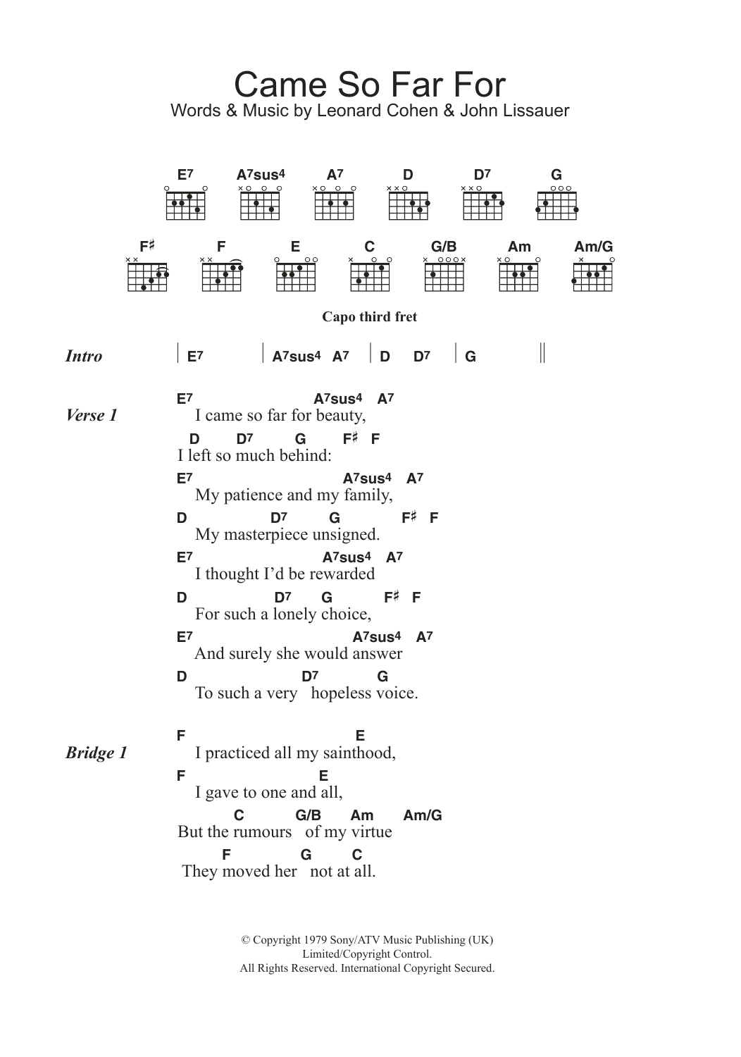 Leonard Cohen Came So Far For Beauty sheet music notes and chords. Download Printable PDF.