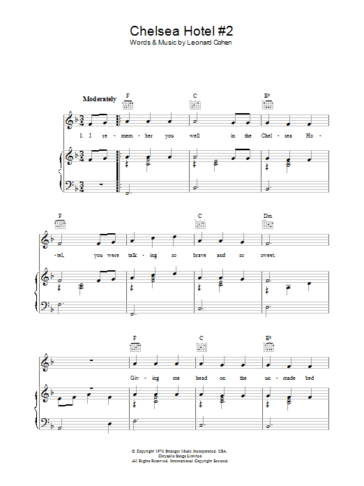 Leonard Cohen Chelsea Hotel #2 sheet music notes and chords. Download Printable PDF.