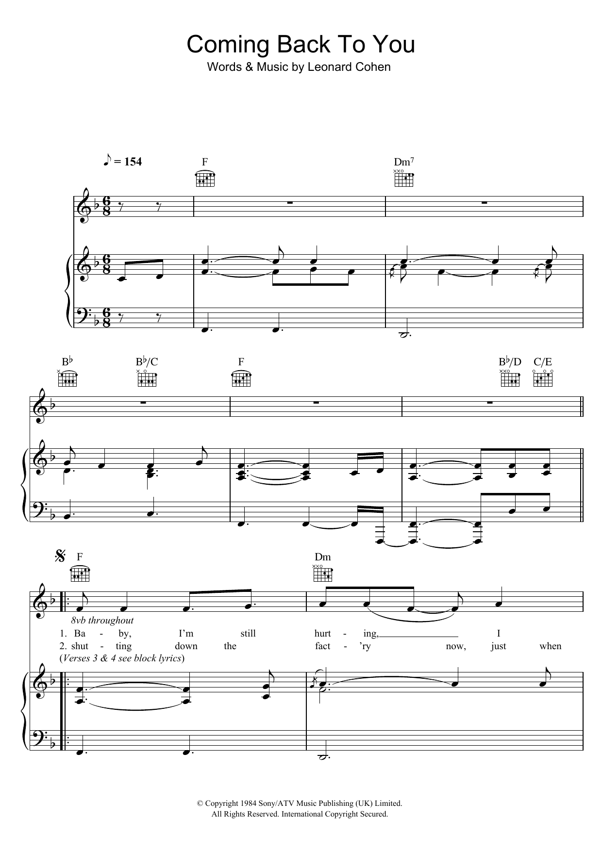 Leonard Cohen Coming Back To You sheet music notes and chords. Download Printable PDF.