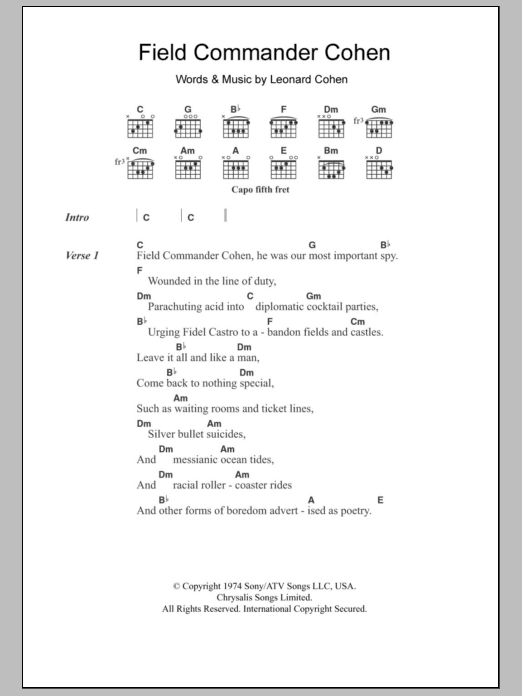 Leonard Cohen Field Commander Cohen sheet music notes and chords. Download Printable PDF.