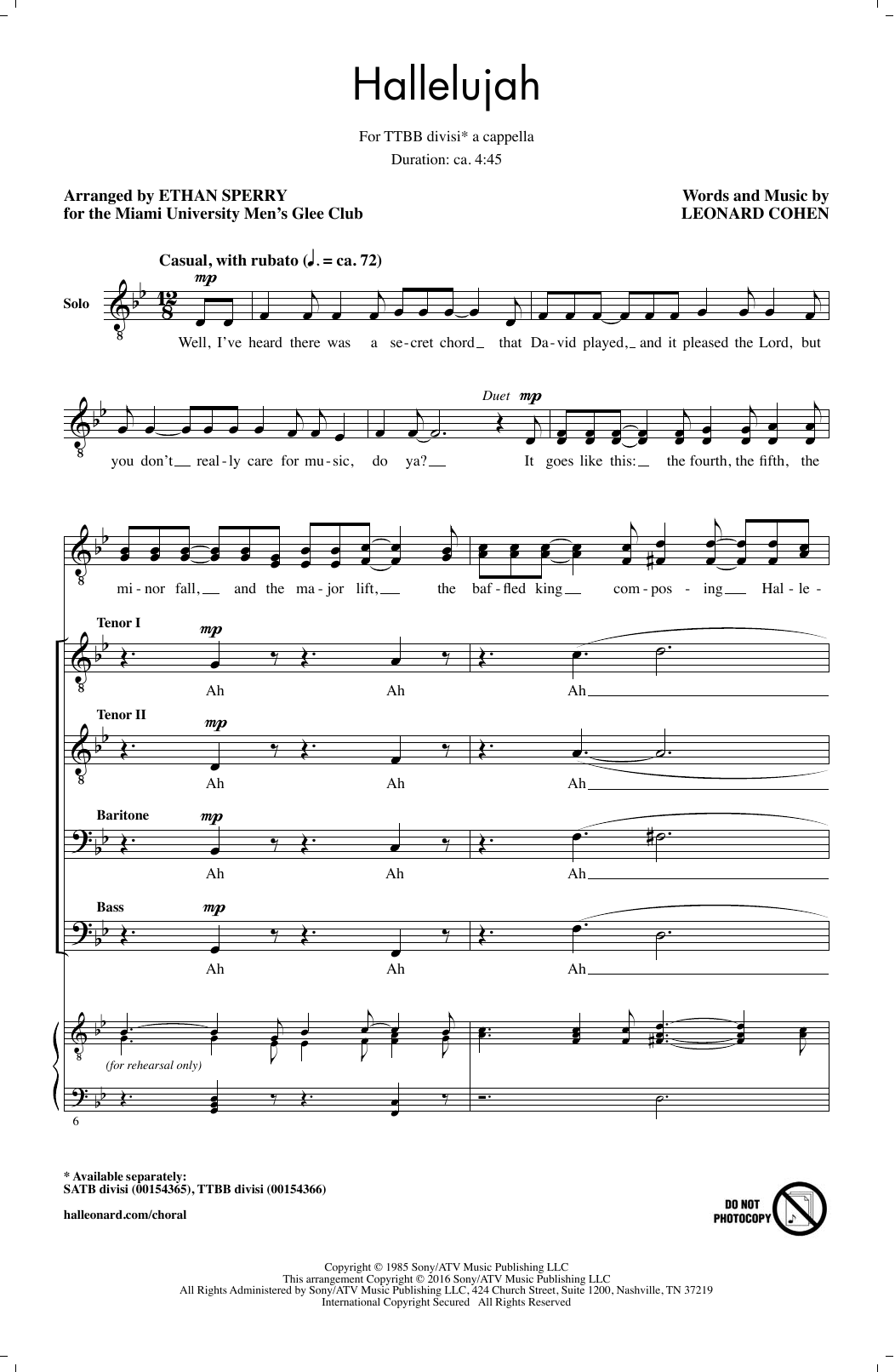 Leonard Cohen Hallelujah (arr. Ethan Sperry) sheet music notes and chords. Download Printable PDF.