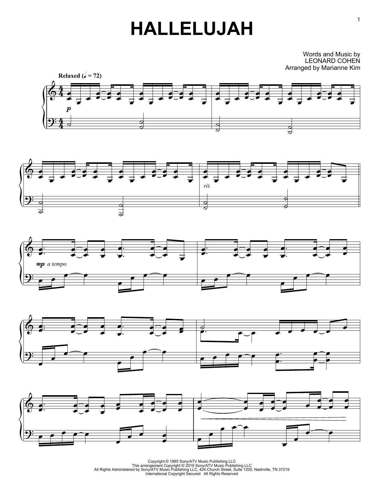 Leonard Cohen Hallelujah (arr. Marianne Kim) sheet music notes and chords. Download Printable PDF.