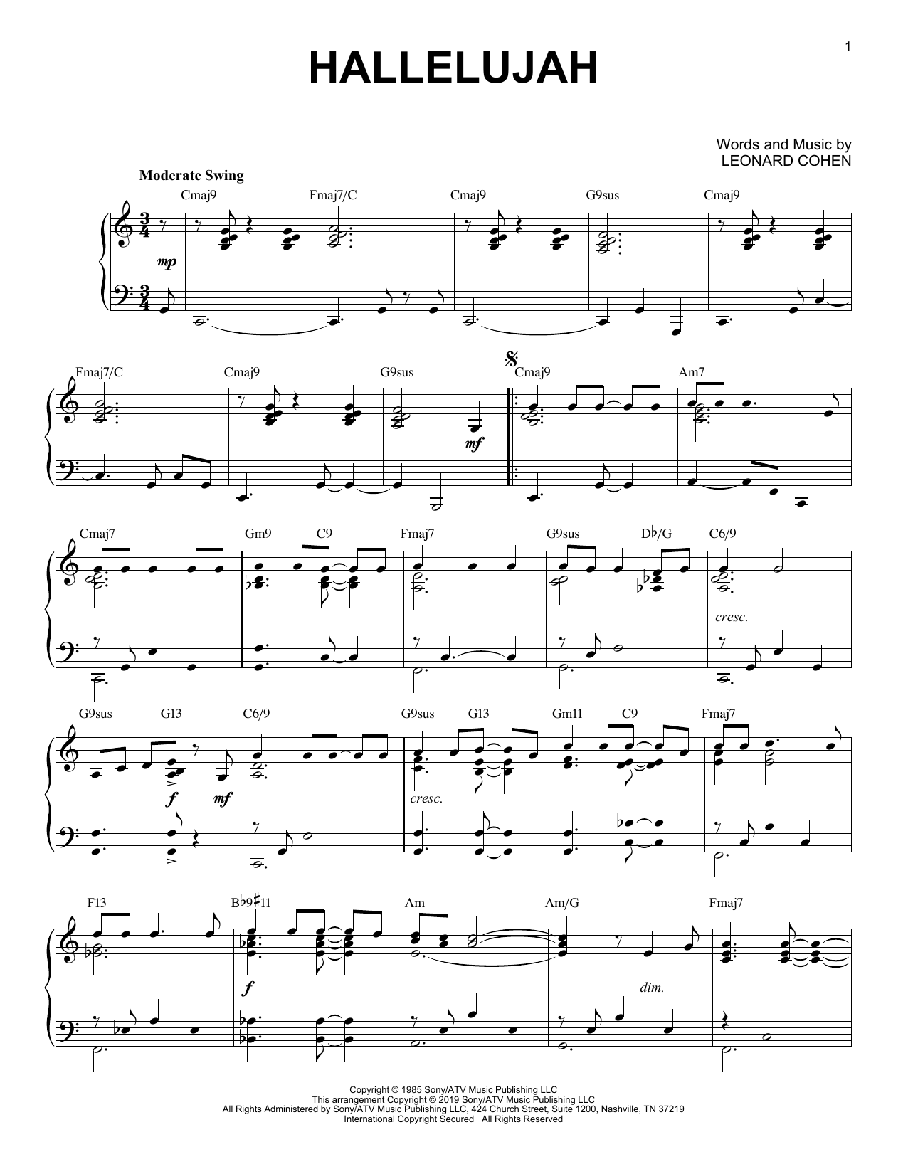 Leonard Cohen Hallelujah sheet music notes and chords. Download Printable PDF.