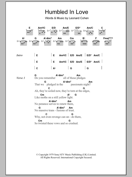 Leonard Cohen Humbled In Love sheet music notes and chords. Download Printable PDF.