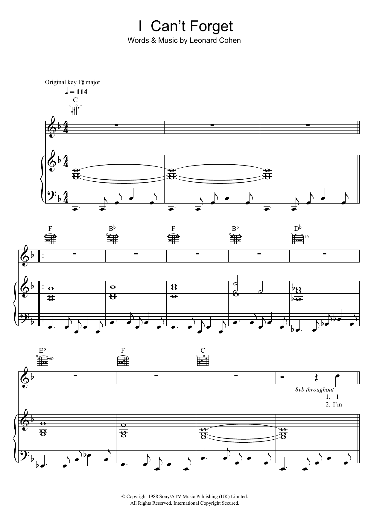 Leonard Cohen I Can't Forget sheet music notes and chords. Download Printable PDF.