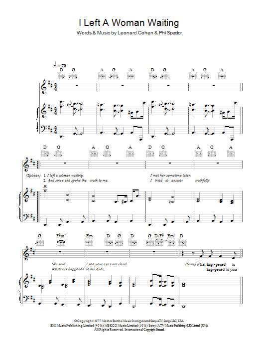 Leonard Cohen I Left A Woman Waiting sheet music notes and chords arranged for Piano, Vocal & Guitar Chords