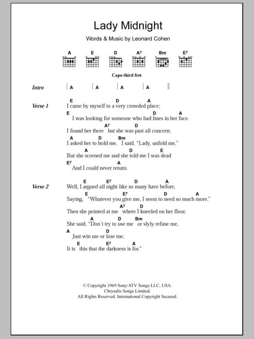 Leonard Cohen Lady Midnight sheet music notes and chords. Download Printable PDF.