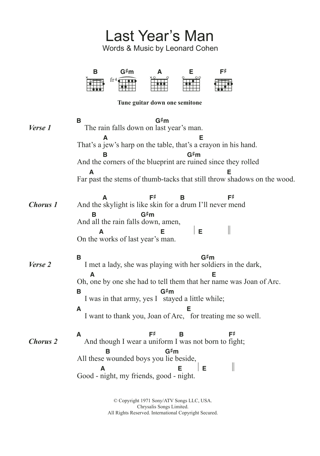 Leonard Cohen Last Year's Man sheet music notes and chords. Download Printable PDF.