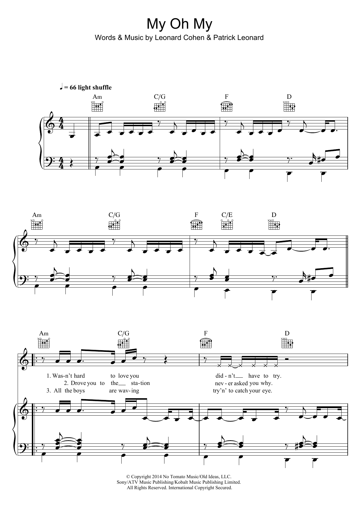 Leonard Cohen My Oh My sheet music notes and chords arranged for Piano, Vocal & Guitar Chords