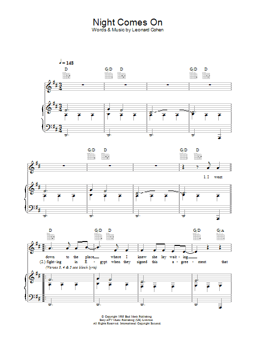 Leonard Cohen Night Comes On sheet music notes and chords. Download Printable PDF.