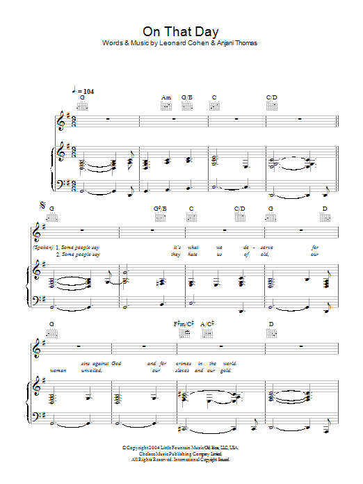 Leonard Cohen On That Day sheet music notes and chords arranged for Piano, Vocal & Guitar Chords