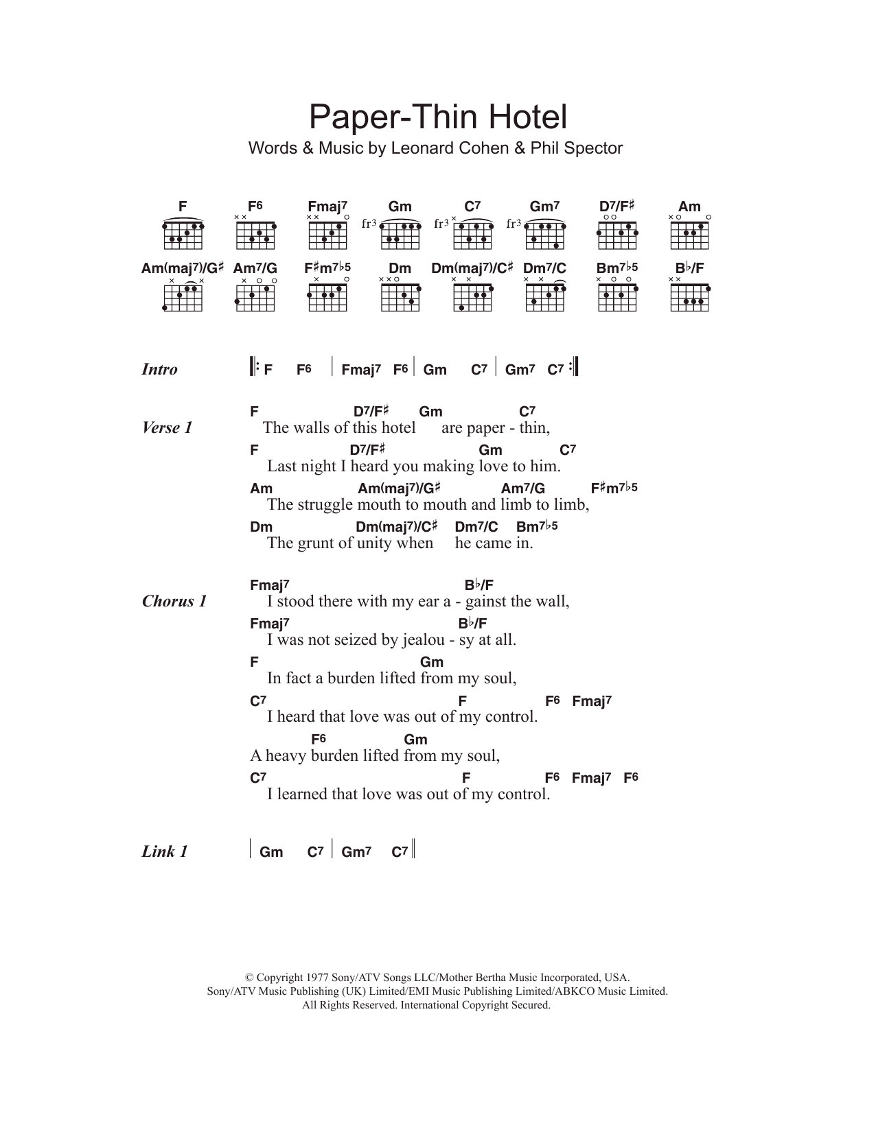 Leonard Cohen Paper-Thin Hotel sheet music notes and chords. Download Printable PDF.