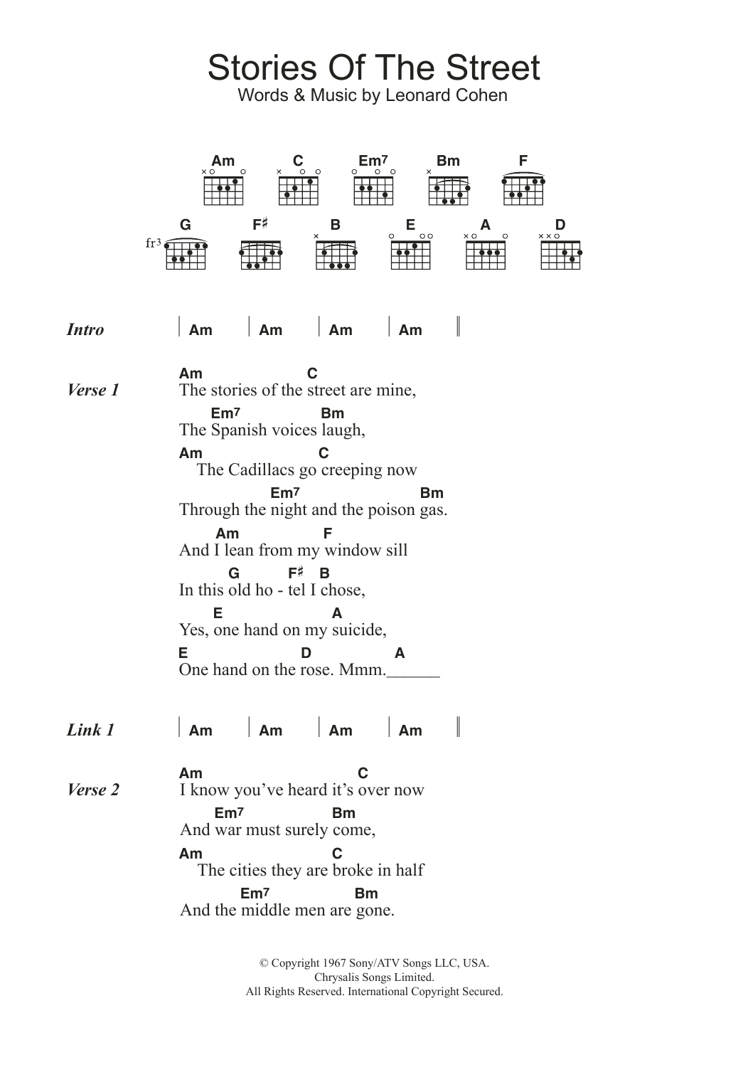 Leonard Cohen Stories Of The Street sheet music notes and chords. Download Printable PDF.