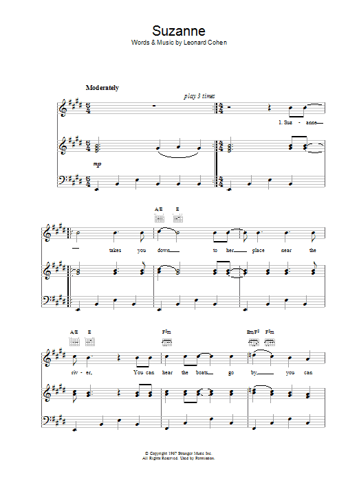 Leonard Cohen Suzanne sheet music notes and chords. Download Printable PDF.