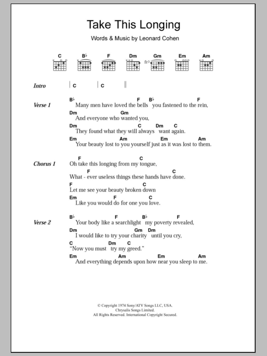 Leonard Cohen Take This Longing sheet music notes and chords. Download Printable PDF.