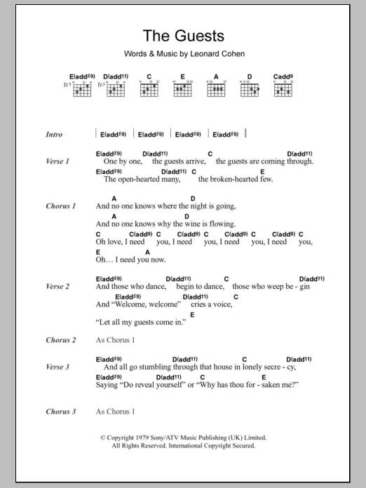 Leonard Cohen The Guests sheet music notes and chords. Download Printable PDF.