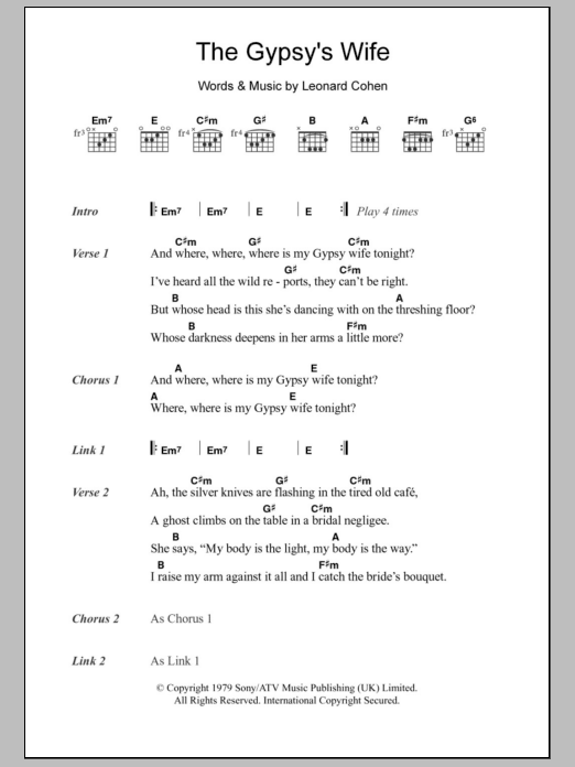 Leonard Cohen The Gypsy's Wife sheet music notes and chords. Download Printable PDF.