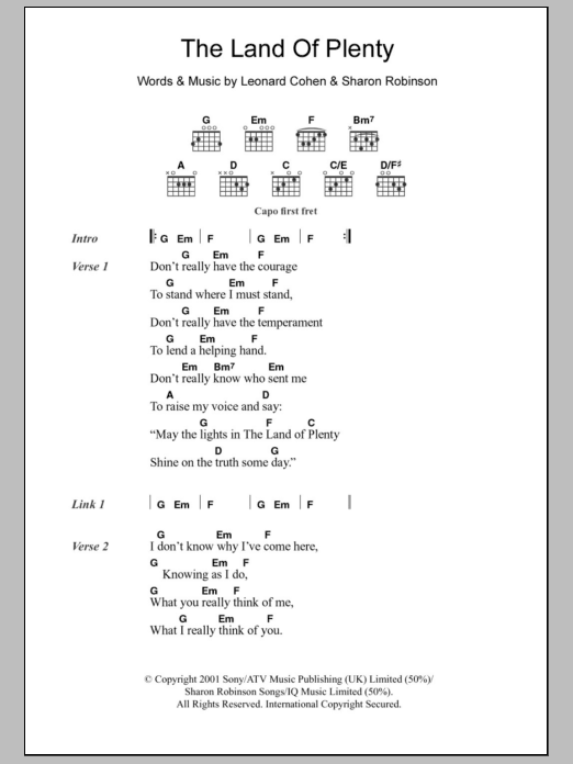 Leonard Cohen The Land Of Plenty sheet music notes and chords. Download Printable PDF.