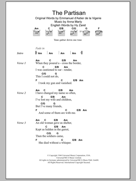 Leonard Cohen The Partisan sheet music notes and chords. Download Printable PDF.