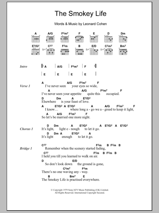 Leonard Cohen The Smokey Life sheet music notes and chords. Download Printable PDF.