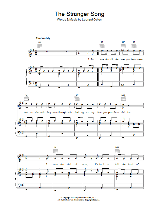 Leonard Cohen The Stranger Song sheet music notes and chords. Download Printable PDF.