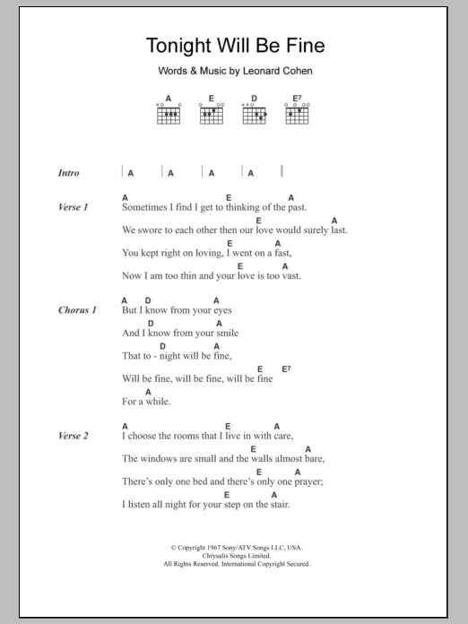 Leonard Cohen Tonight Will Be Fine sheet music notes and chords. Download Printable PDF.