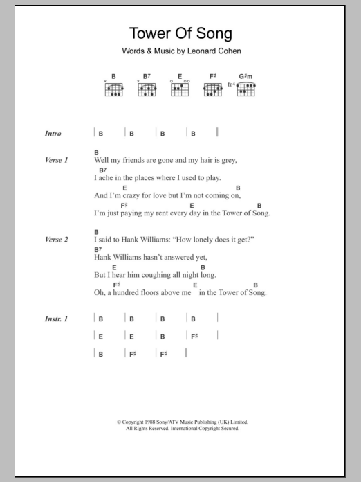 Leonard Cohen Tower Of Song sheet music notes and chords. Download Printable PDF.