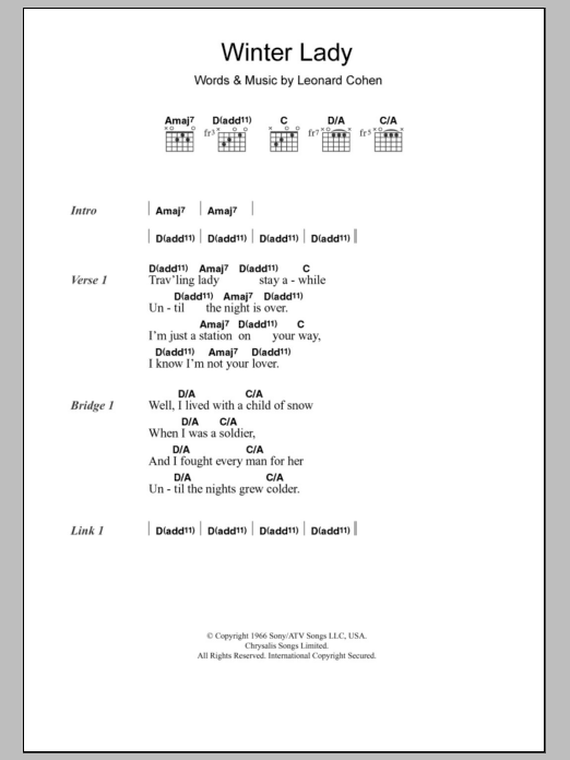 Leonard Cohen Winter Lady sheet music notes and chords. Download Printable PDF.