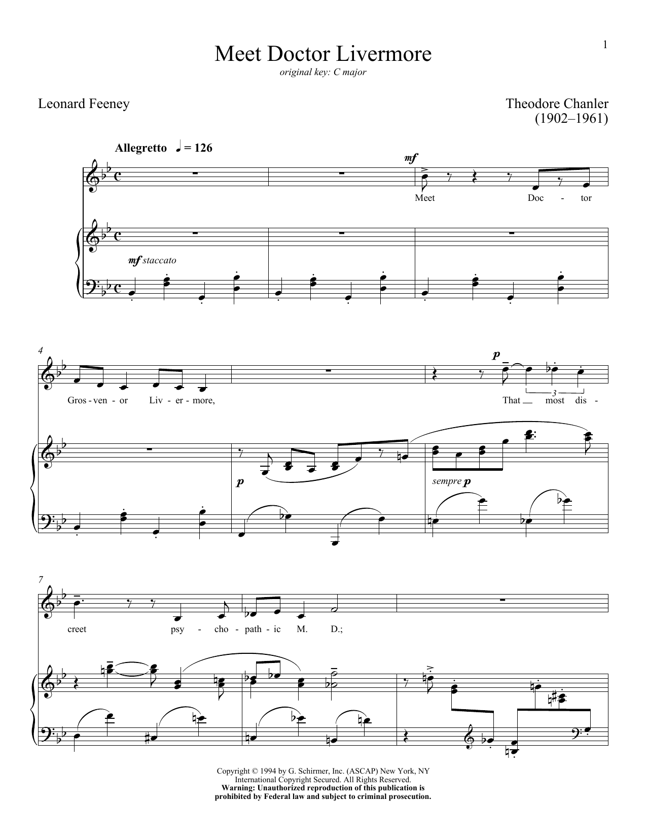 Learn to play Leonard Feeney Meet Doctor Livermore sheet music for Piano & Vocal in minutes. Price: 7.8900$ Leonard Feeney Meet Doctor Livermore sheet music notes and chords arranged for Piano & Vocal