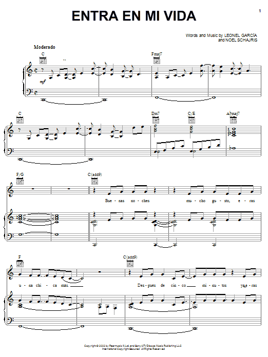 Learn to play Leonel Garcia Entra en mi vida sheet music for Piano, Vocal & Guitar Chords (Right-Hand Melody) in minutes. Price: 7.8900$ Leonel Garcia Entra en mi vida sheet music notes and chords arranged for Piano, Vocal & Guitar Chords (Right-Hand Melody)