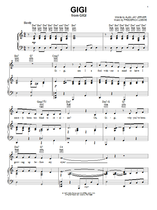 Learn to play Lerner & Loewe Gigi sheet music for Piano, Vocal & Guitar Chords in minutes. Price: 7.8900$ Lerner & Loewe Gigi sheet music notes and chords arranged for Piano, Vocal & Guitar Chords