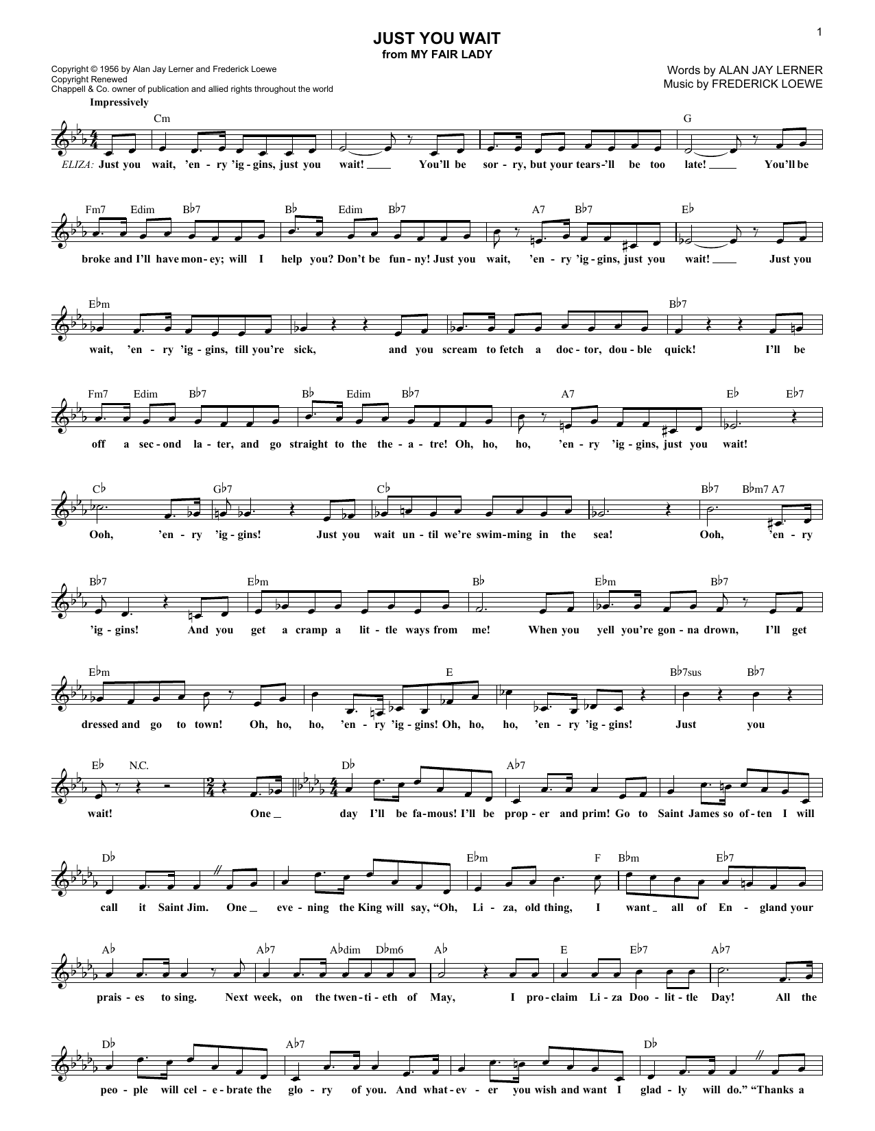 Lerner & Loewe Just You Wait sheet music notes and chords. Download Printable PDF.